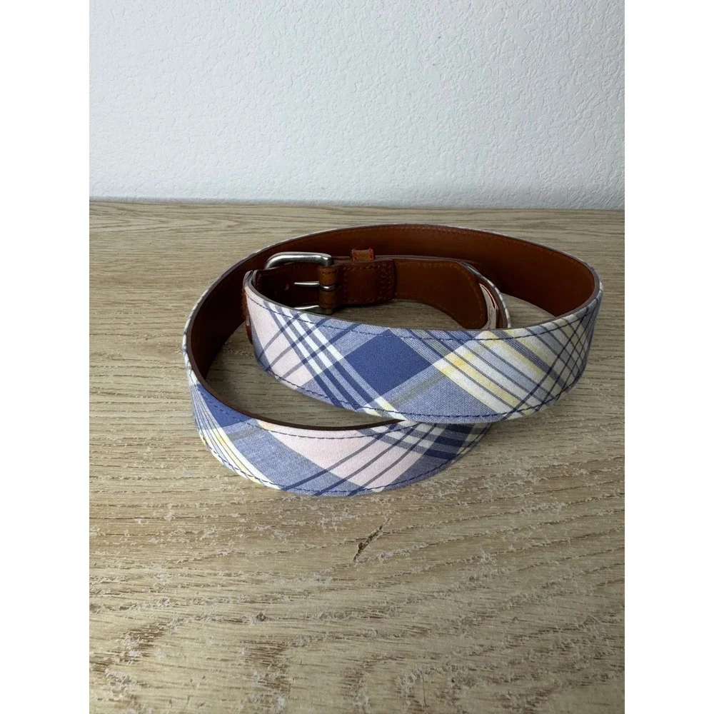 Brooks Brothers Mens Plaid Cotton and Leather Belt Brown Blue Pink Size Large